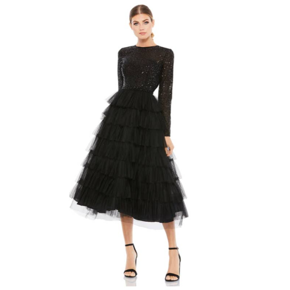 Mac Duggal Plus Size Sequin Layered Ruffle Tulle A-Line Midi Cocktail Dress 16